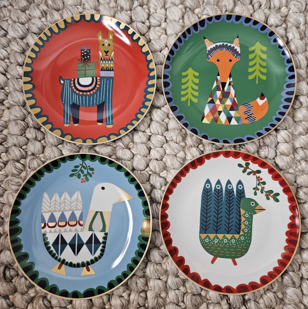 West Elm Animal Celebration Plates Set of 4 Christmas Holiday